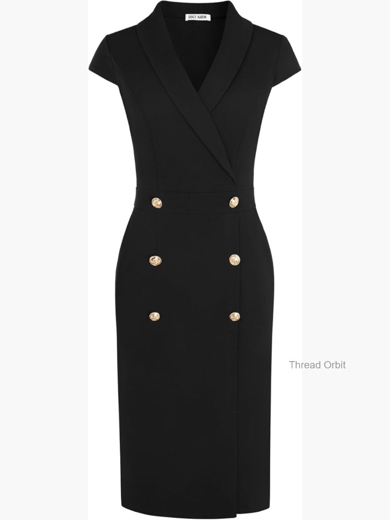 Women's Work Bodycon Dress With Pockets, Cap Sleeve, Midi Length